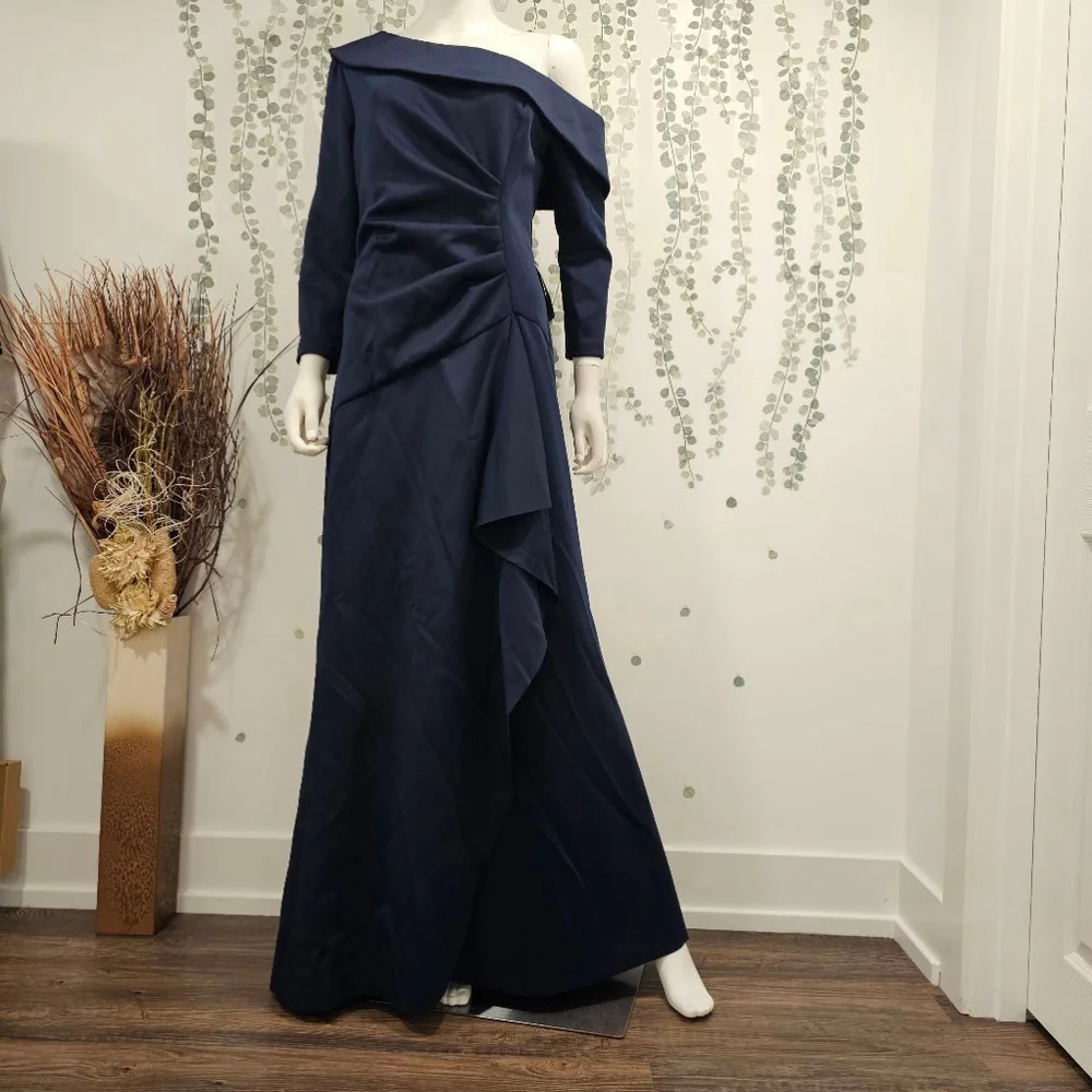 XCAPE Stretch Scuba Crepe Off-the-Shoulder Long Sleeve Mermaid Gown Navy, 16 - Picture 5 of 12
